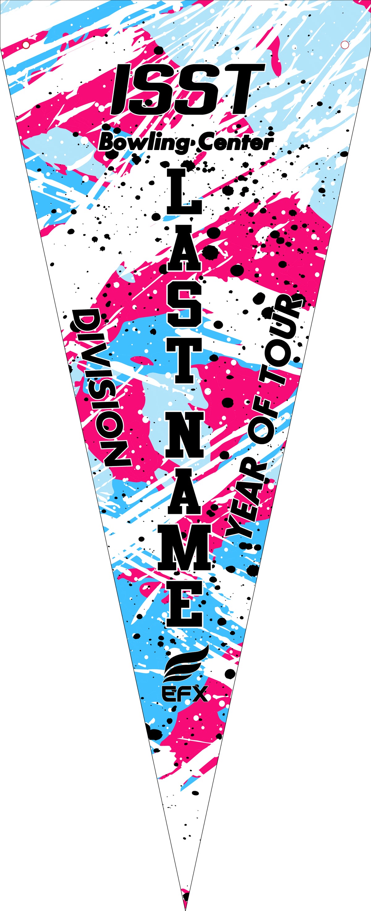 Bowling pennant with neon blue, pink, and black splatter design and text
