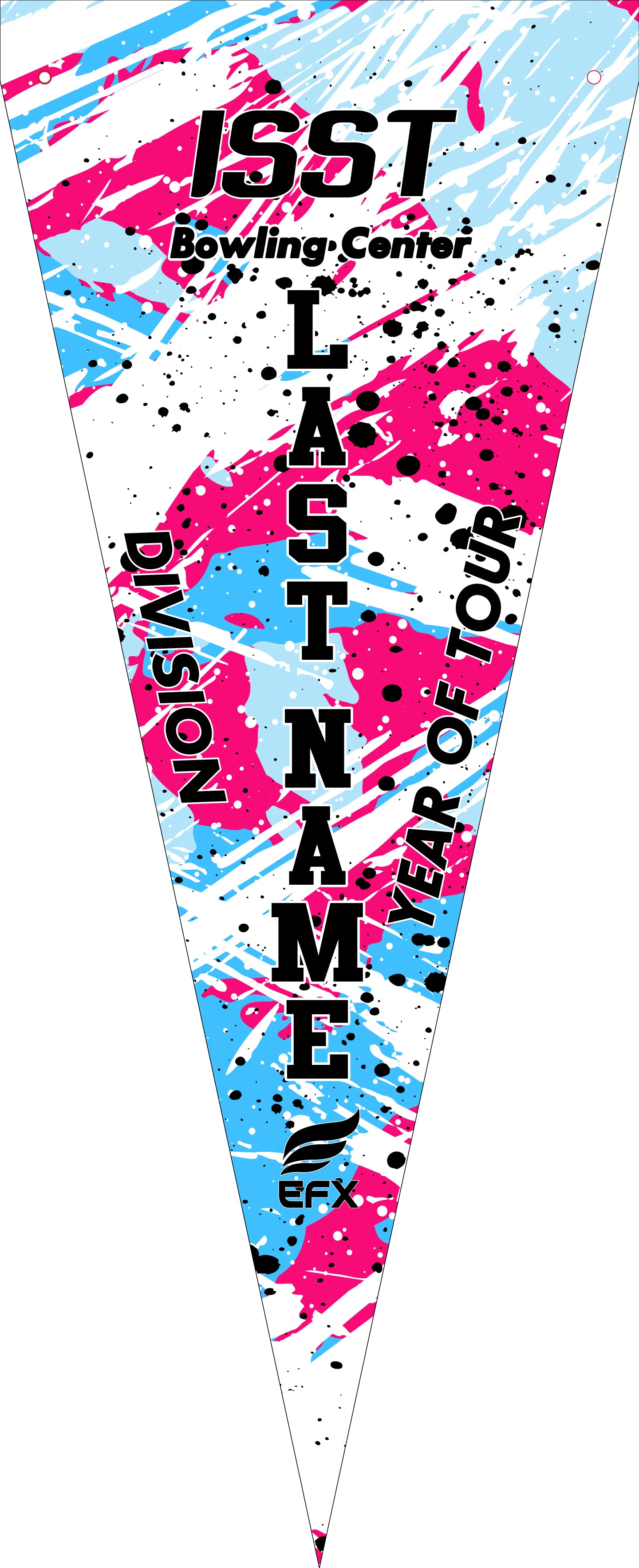 Bowling pennant with purple, yellow, and white abstract splatter design and text
