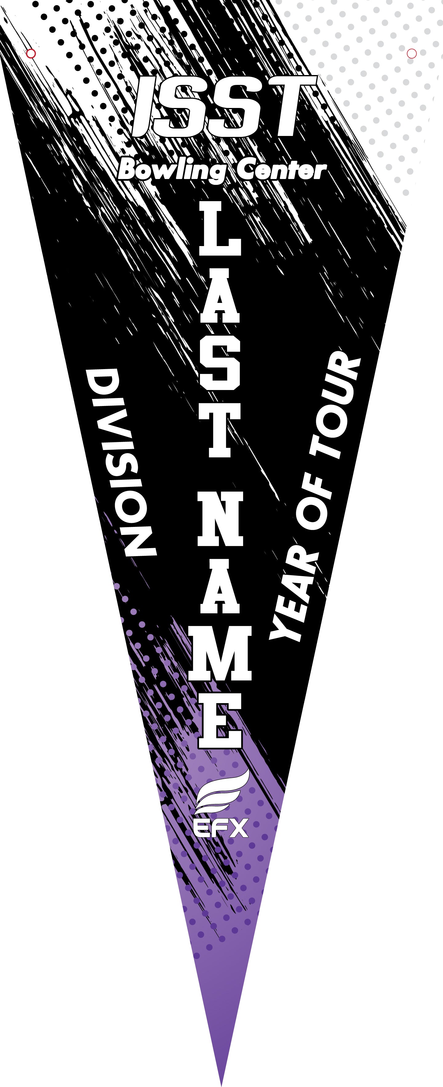 Black and neon green bowling pennant with diagonal stripe design and white text