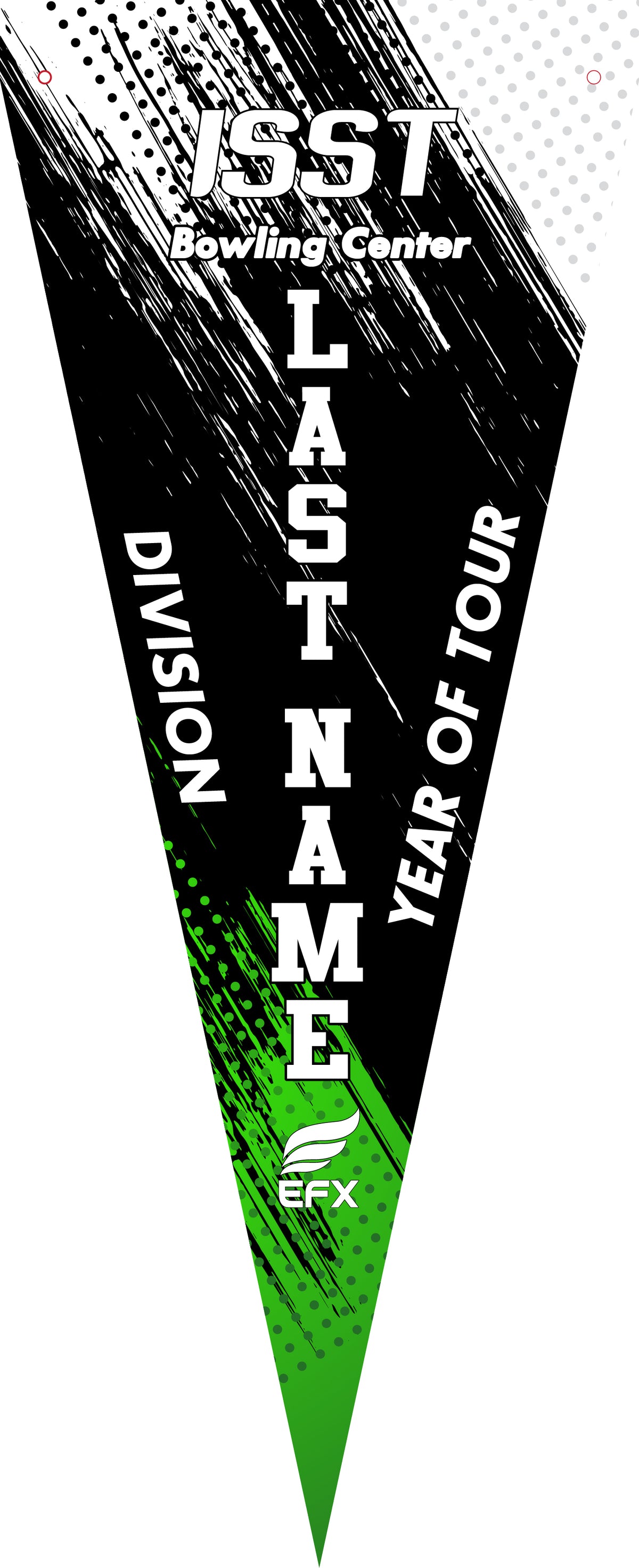 Black and neon green bowling pennant with diagonal stripe design and white text
