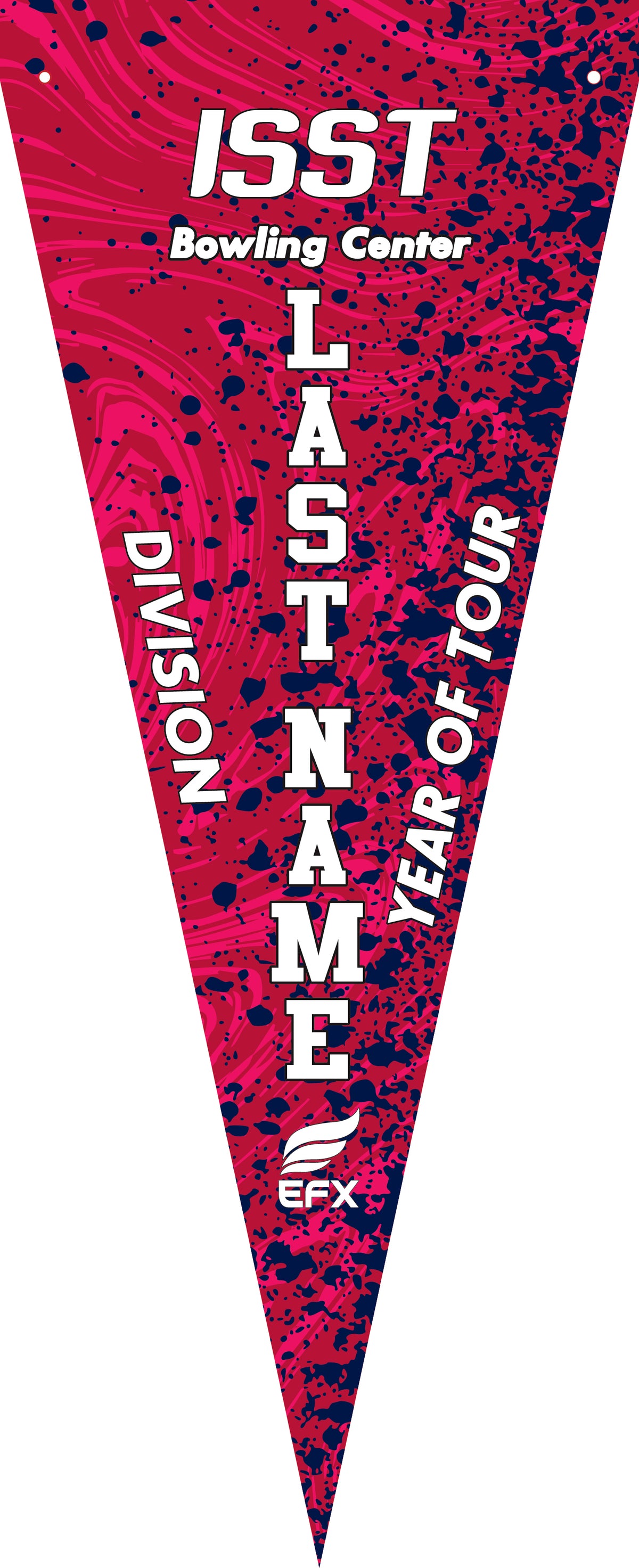 Red and navy splatter bowling pennant with white text reading ISST Last Name