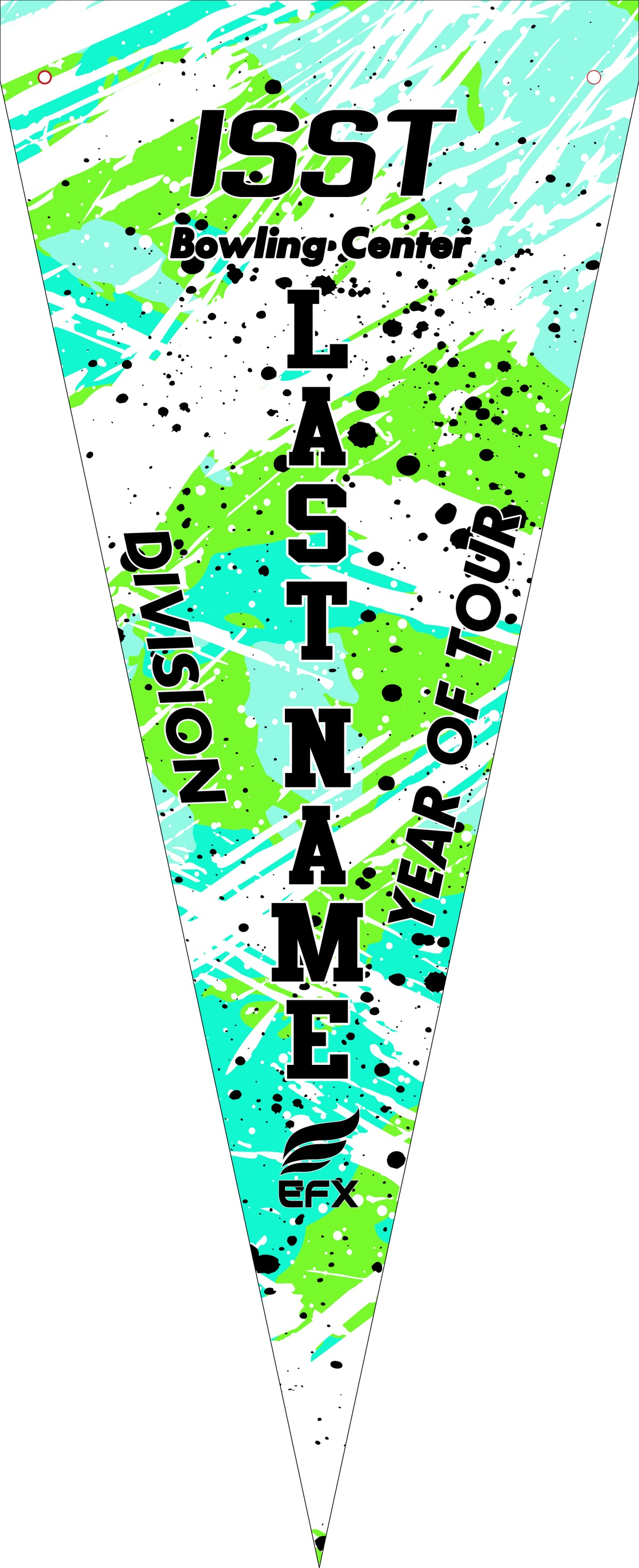 Triangular bowling pennant with neon green, teal, and white design with black text and splatter details
