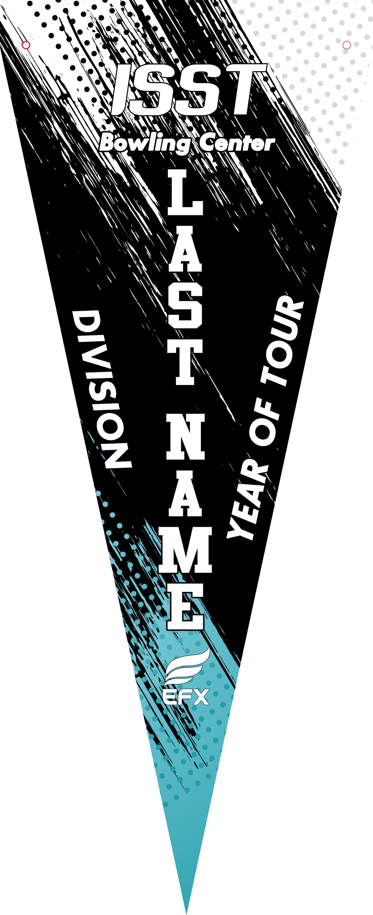 Black and teal bowling pennant with white text and graphic details