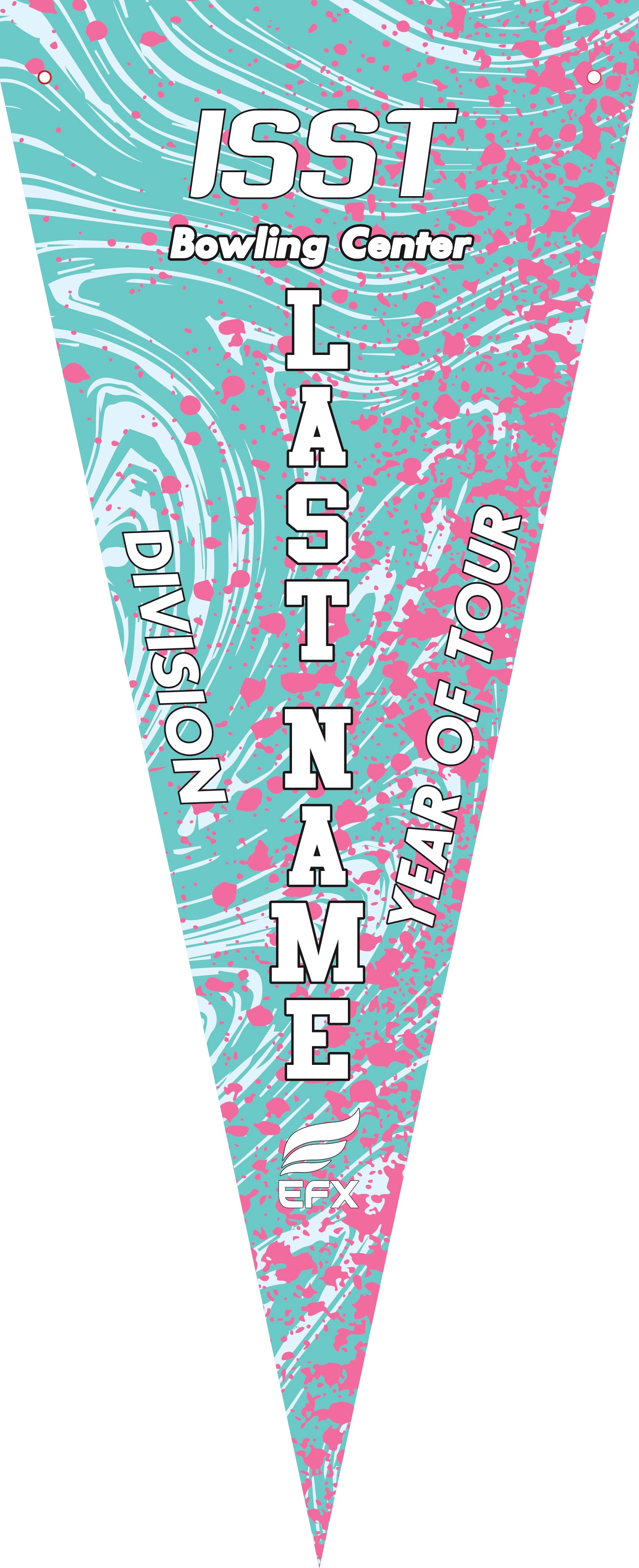 Teal and pink abstract bowling pennant with white ISST text vertically