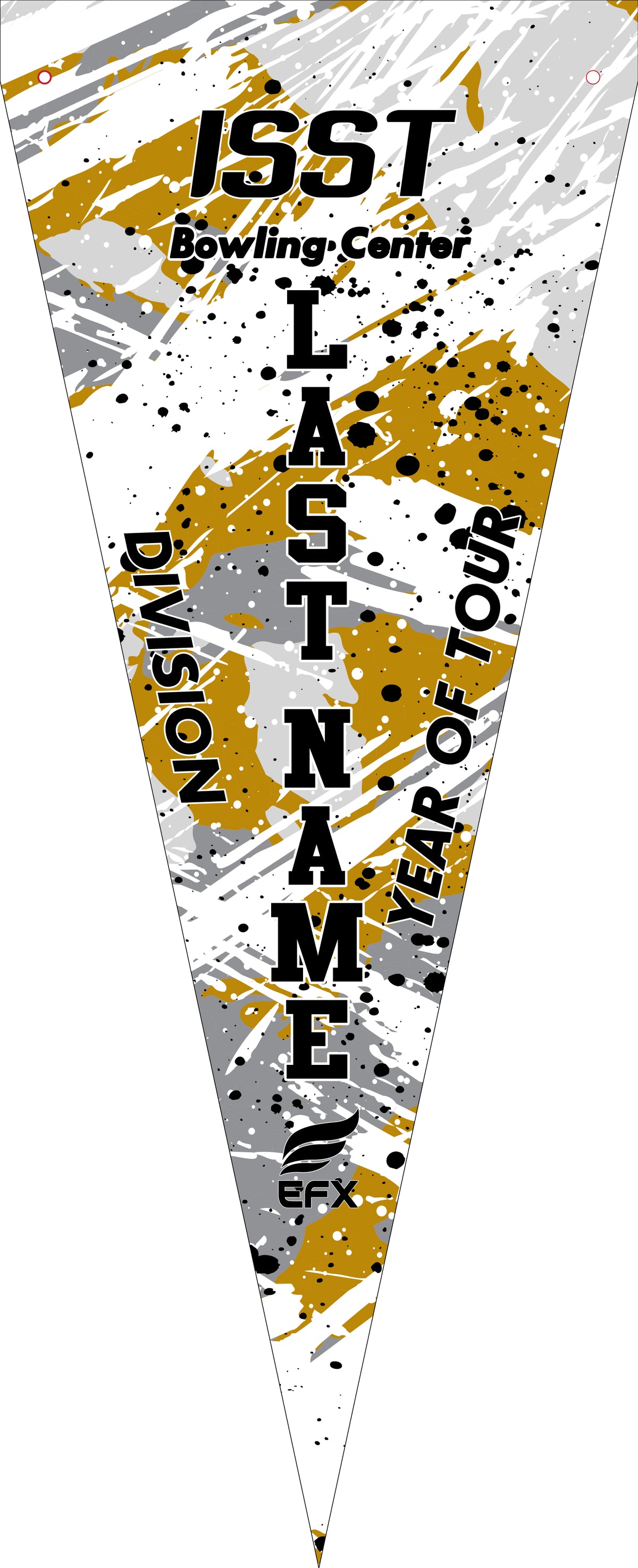 White pennant with gold, gray, and black splatter design and text