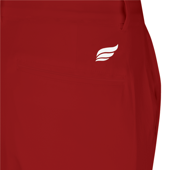 Dark red bowling pants with small white wing logo on front