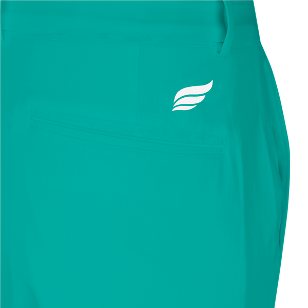 Teal bowling shorts with small white wing logo on front