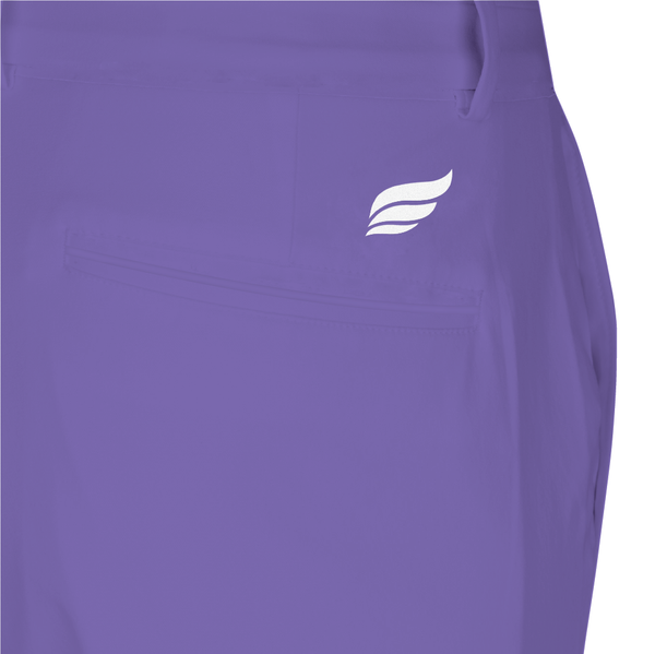 Purple bowling shorts with small white winged logo on front