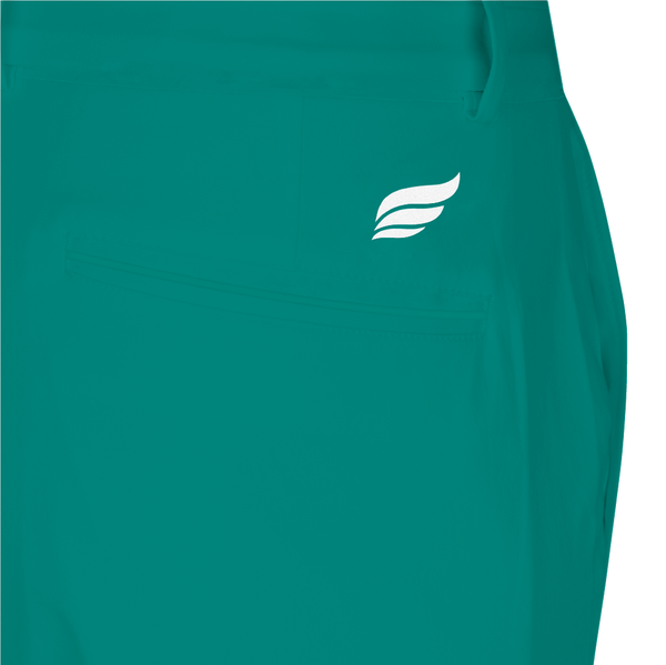 Dark teal bowling pants with small white wing logo on front