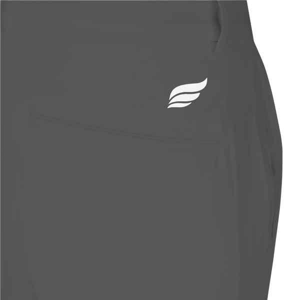Dark gray bowling pants front view with white wing logo design