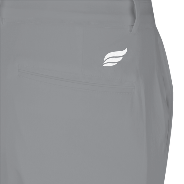 Gray bowling shorts with white feather logo and side pocket detail