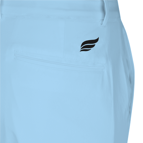 Sky blue bowling shorts with black winged logo on front pocket
