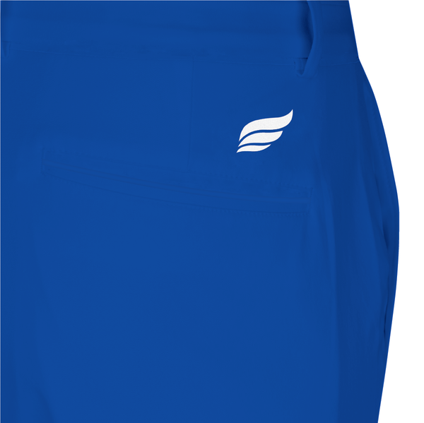 Royal blue bowling pants with small white wing logo on front