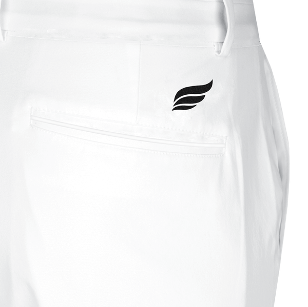 White bowling shorts with black winged logo on side pocket area