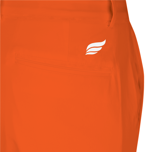 Bright orange bowling pants with small white wing logo on front