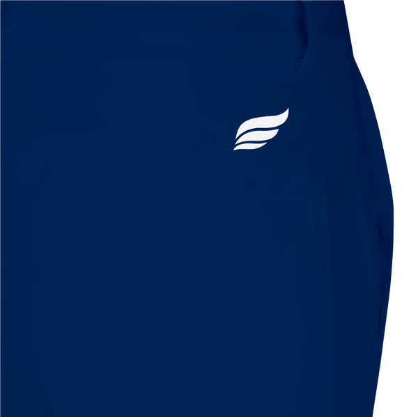 Navy bowling pants with small white feathered logo on chest