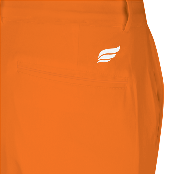Orange bowling shorts with white winged logo on hip, front view