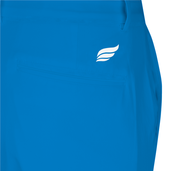 Blue bowling shorts with white wing logo on front