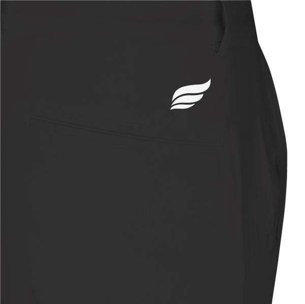 Black bowling shorts with white winged logo on front chest area