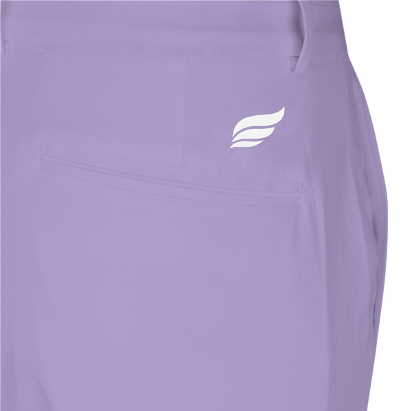 Lavender bowling pants with white wing logo on hip, side view