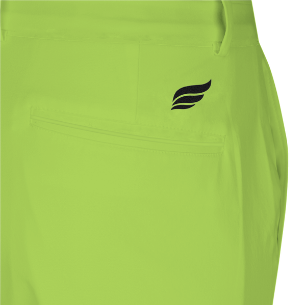 Lime green bowling pants with black wing logo on hip detail view