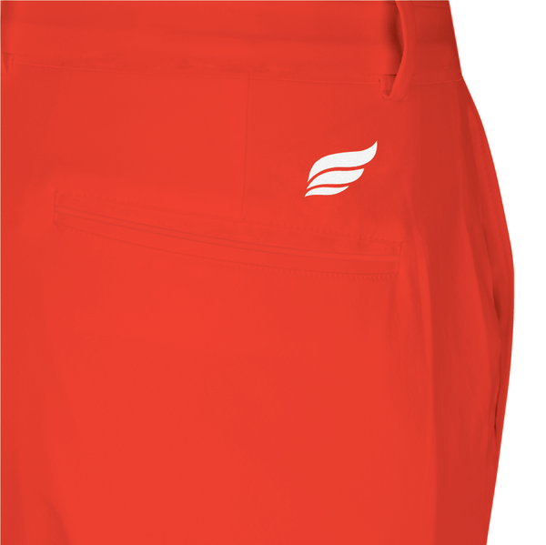 Bright red bowling shorts front view with small white wing logo