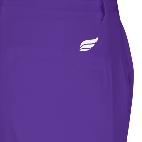 Purple bowling shorts with white winged logo on front