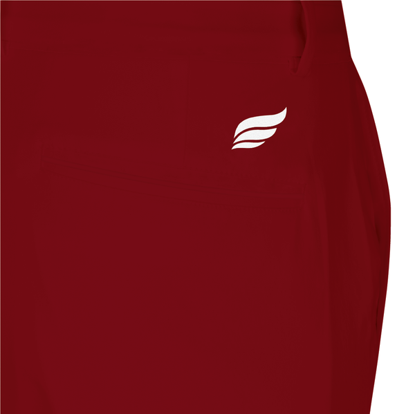 Maroon bowling pants with white feather logo on front torso