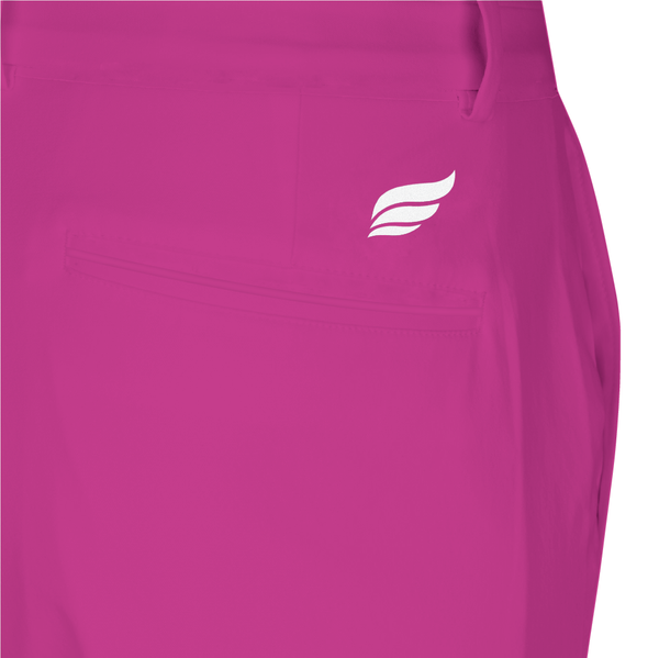 Bright fuchsia bowling pants with white wing logo on front