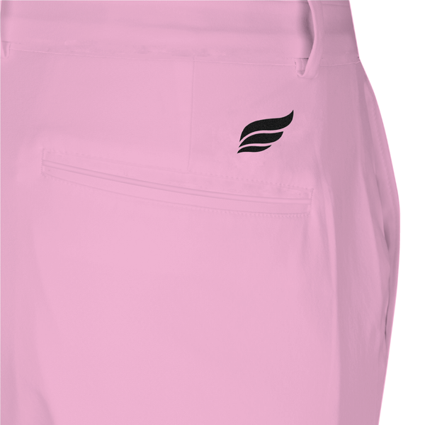 Light pink bowling shorts with small black wing logo on thigh