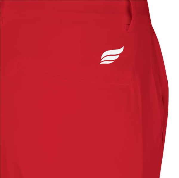 Red bowling shorts with small white wing logo on front