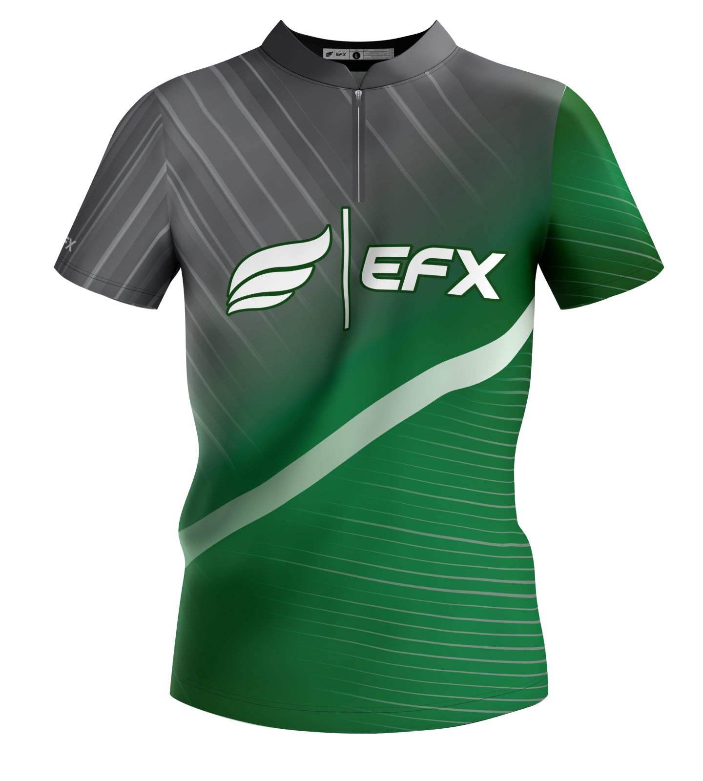 Front view of green and gray bowling jersey with EFX logo and diagonal stripe pattern
