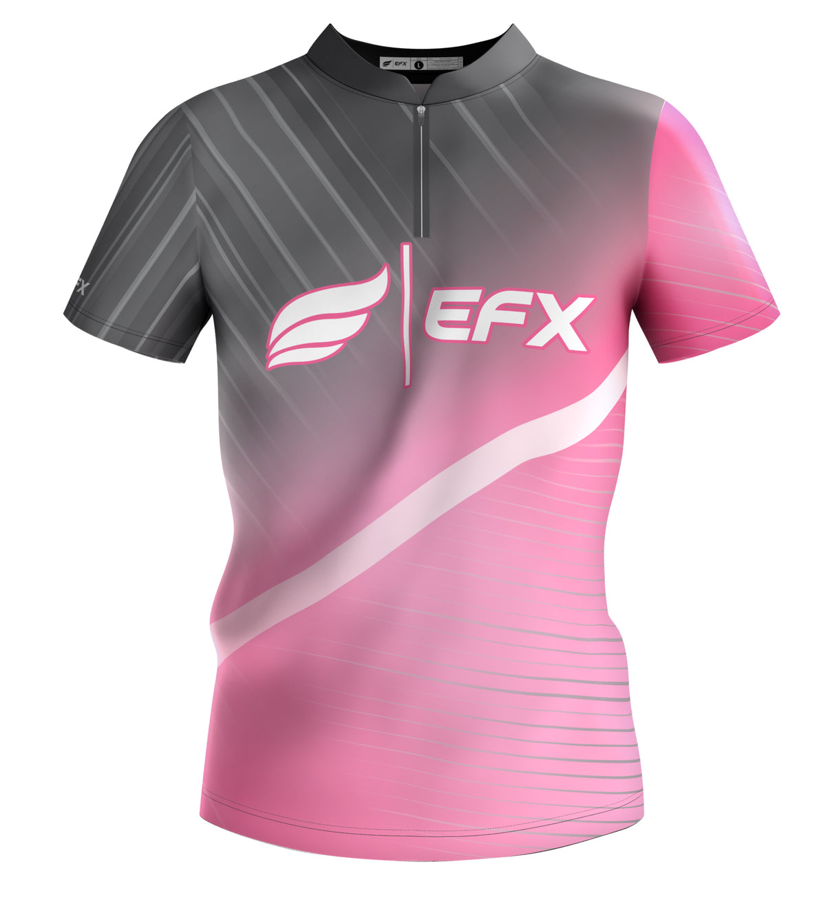 Front view of pink and gray bowling jersey with EFX logo and white stripe