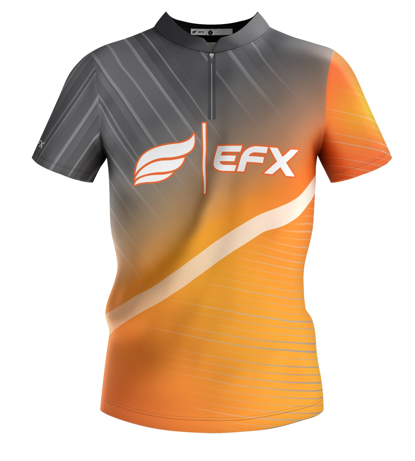 Women's bowling jersey in orange and gray with EFX logo and white stripe detail