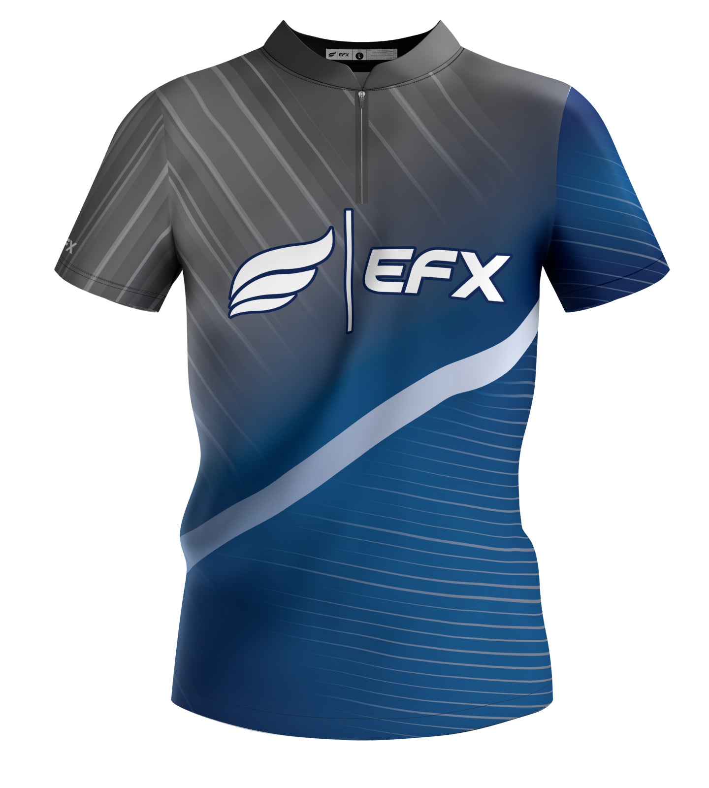 Front view of navy and gray bowling jersey with EFX logo and diagonal striped pattern
