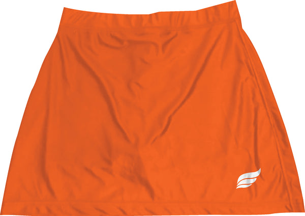 Neon orange bowling skort with white logo detail on lower right