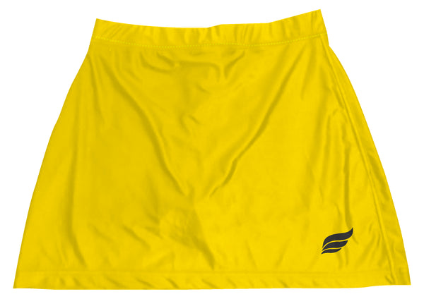 Bright yellow bowling skort with small dark logo on lower right side