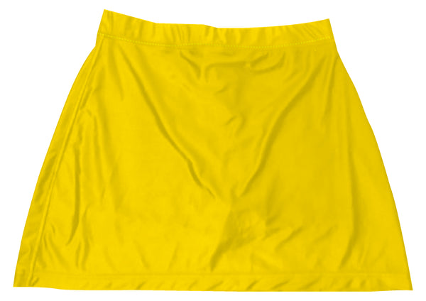 Yellow bowling skort with flatband waistband, front view