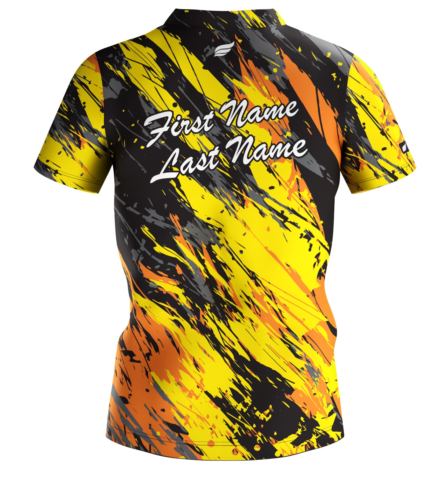 Black bowling jersey with yellow, orange, and splatter paint design front view