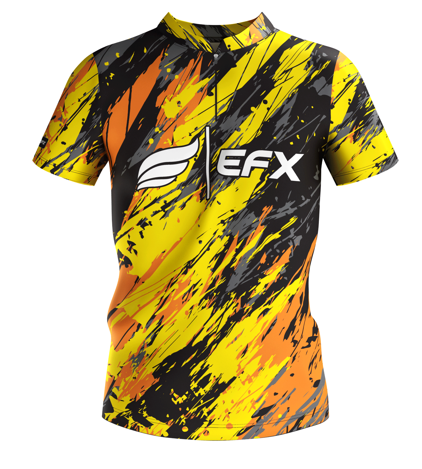 Black bowling jersey with yellow, orange, and gray paint splatter pattern and EFX logo