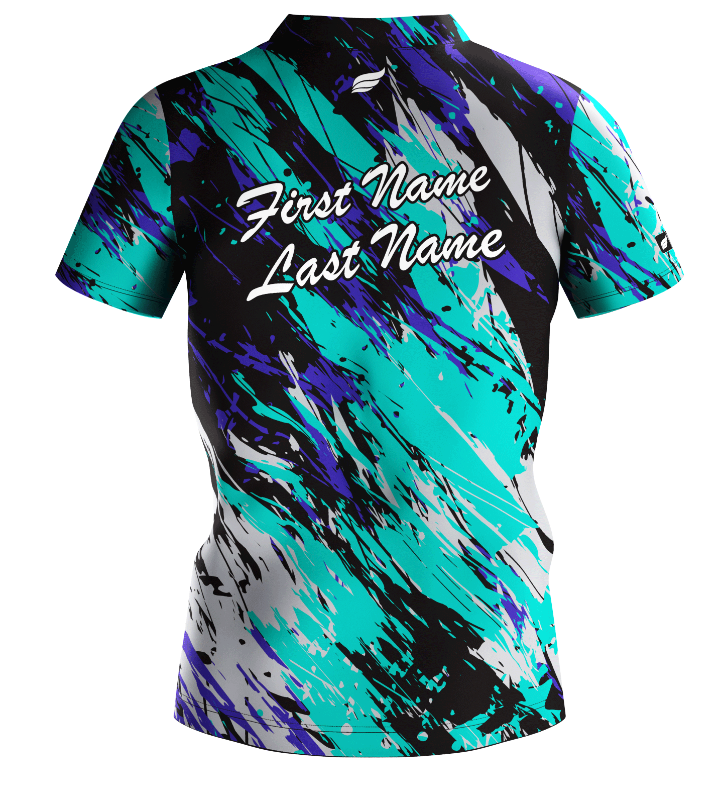 EFX bowling jersey front view with teal, purple, black, and white abstract paint stroke pattern