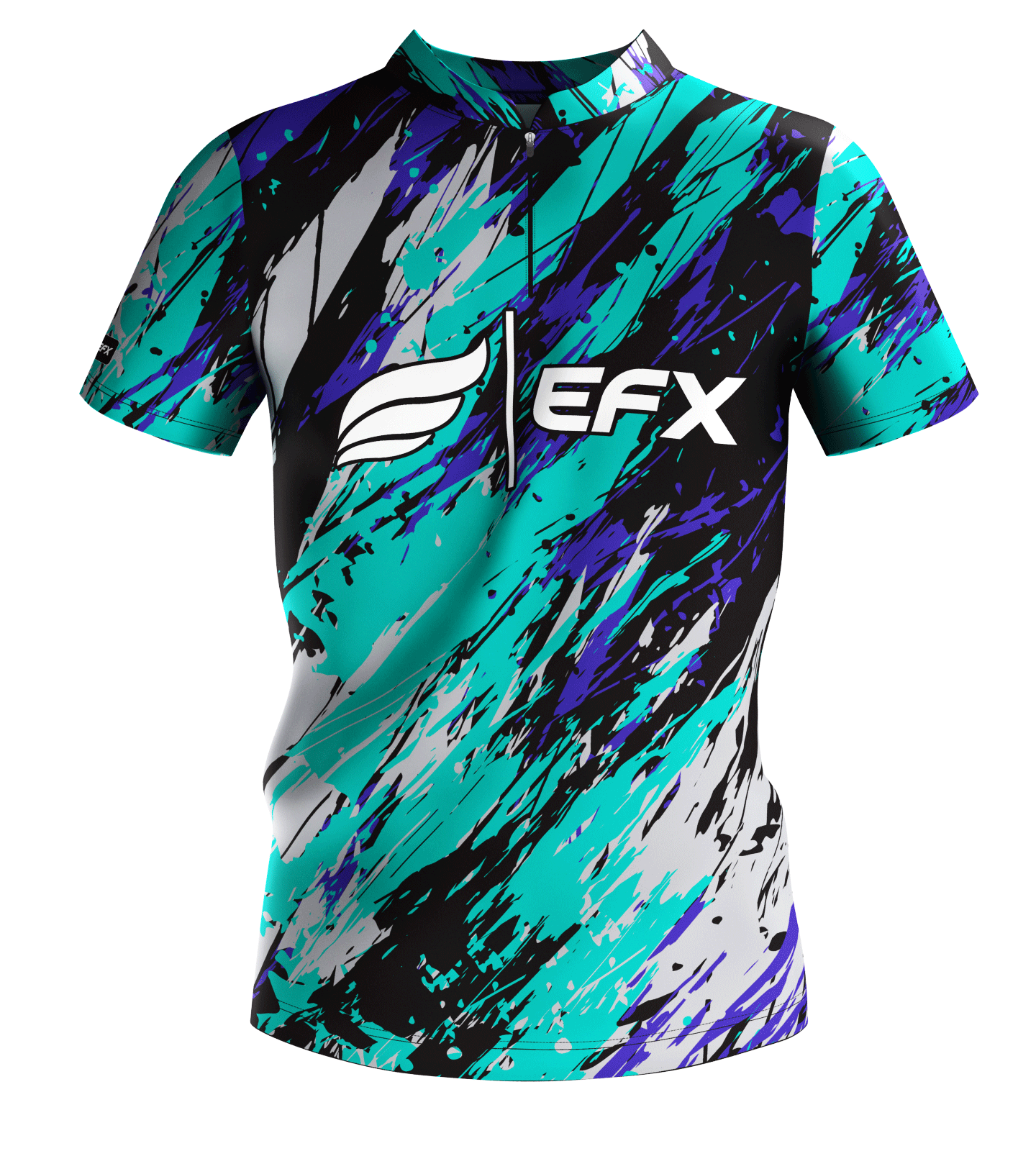 EFX bowling jersey front view with teal, purple, black, and white abstract paint stroke pattern