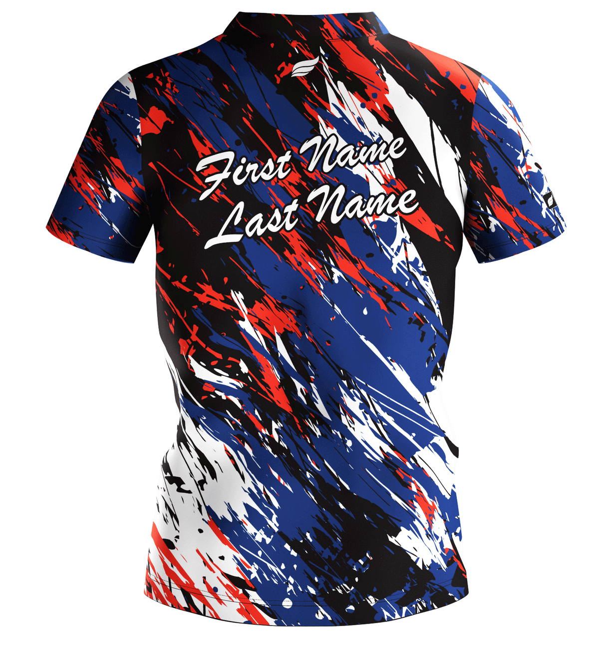 Bowling jersey front view with red, blue, black, and white abstract paint stroke pattern