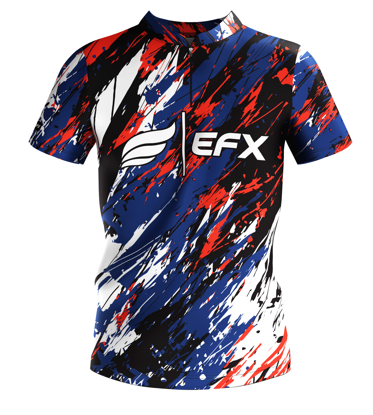 Navy, red, and white abstract brushstroke bowling jersey front view with EFX logo