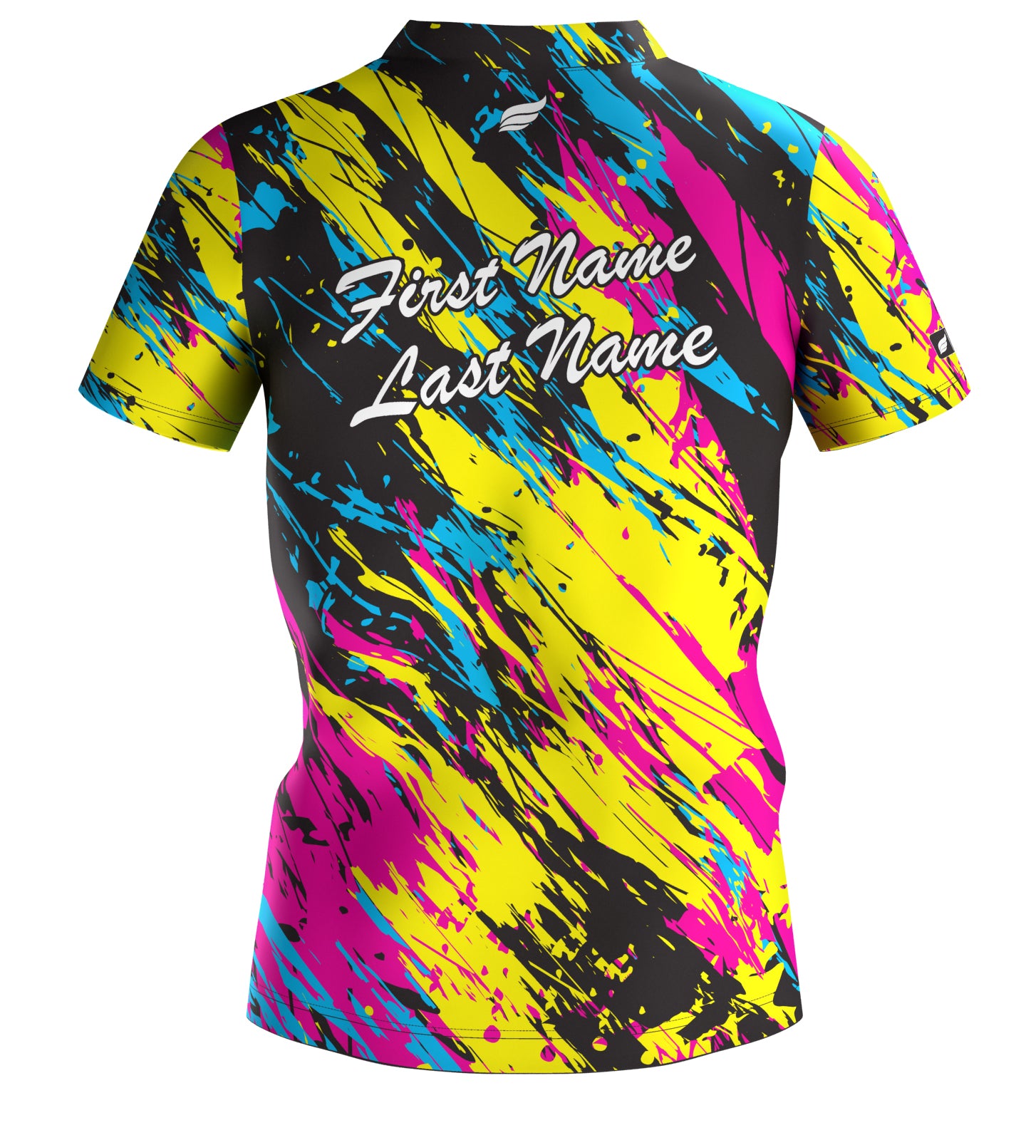 Black bowling jersey with diagonal yellow, magenta, cyan, and lime paint splatter pattern and personalization text