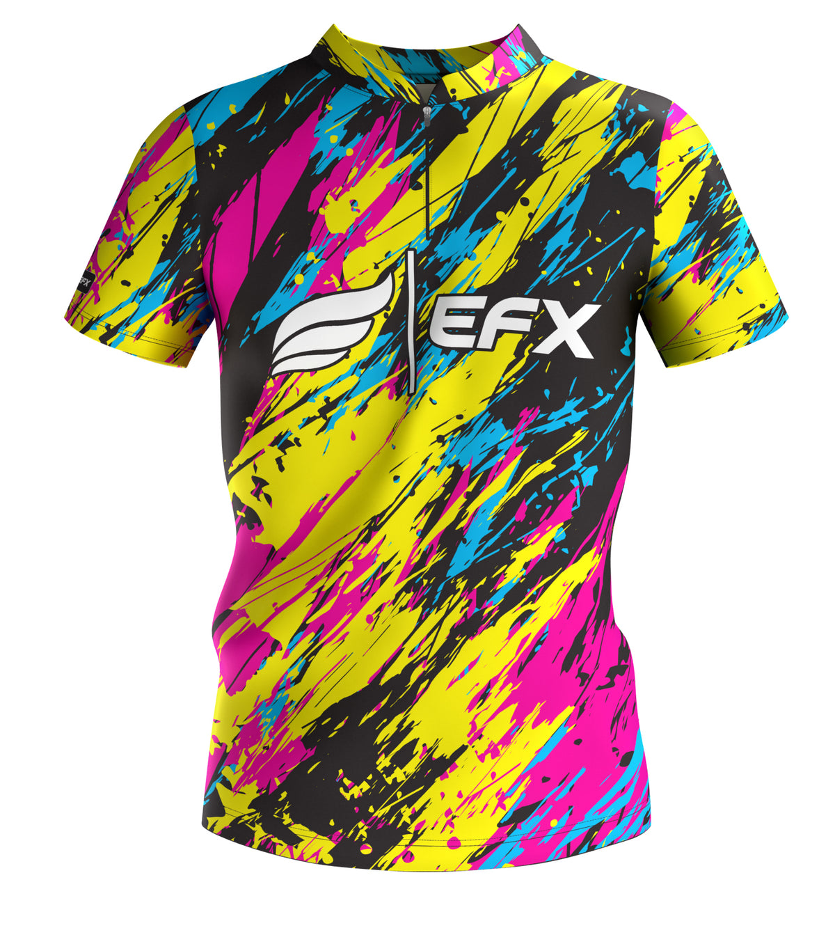 EFX bowling jersey front view with yellow, pink, cyan, and black paint stroke pattern