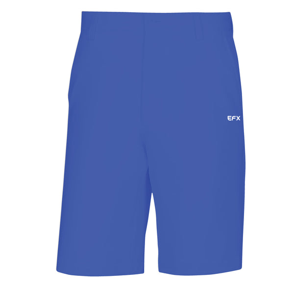 Royal blue bowling shorts with small white EFX logo on right side