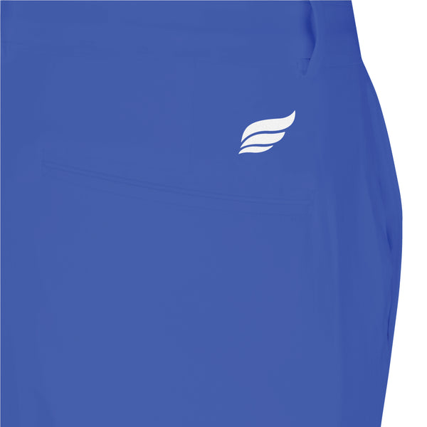 Royal blue bowling pants with small white wing logo on front