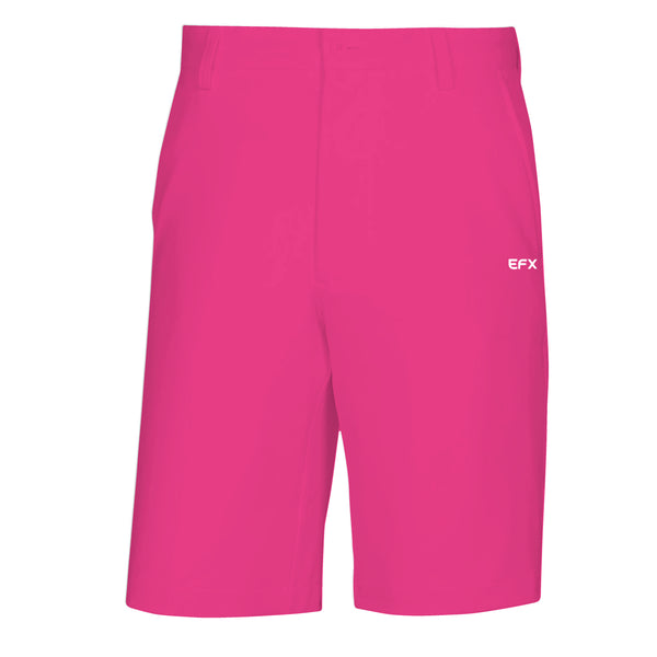 Bright pink bowling shorts with small white EFX logo on right leg