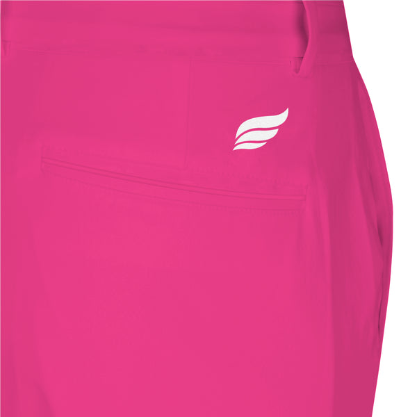 Bright pink bowling shorts with white wing logo on front side